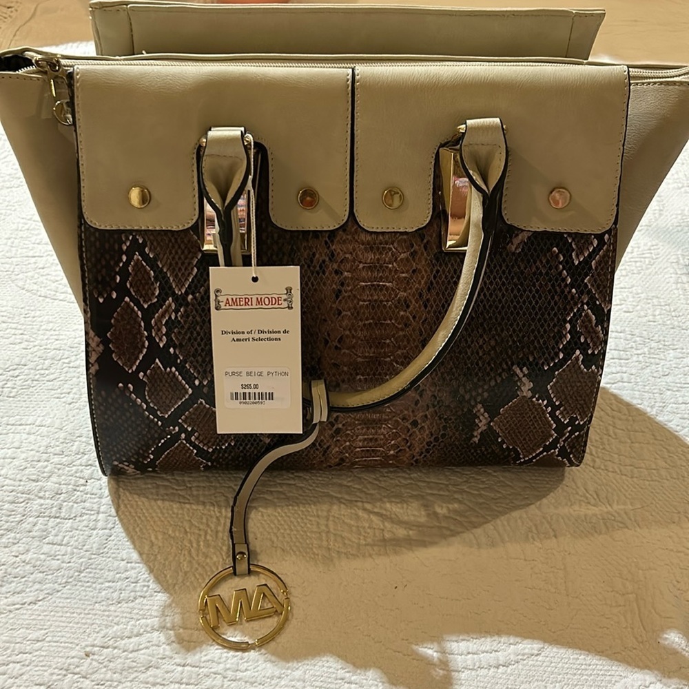 Ameri Mode Hand Bag with Shoulder strap NWT Beige Python